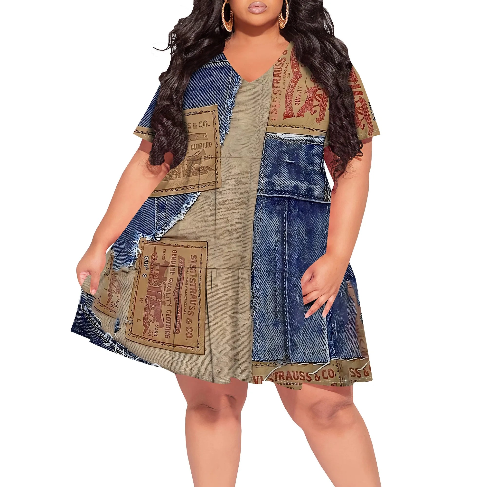 Denim Patchwork Lace-up V-neck Short Sleeve Dress - Women's Vintage Rugged Casual Party Festival Summer