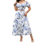 Elegant Plus Size Outfit Floral Print V-Neck Top with Short Sleeves and Elastic Waist Long Skirt - 2 Piece Set for Women