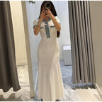 Elegant Denim Patchwork Knitted Long Dress Women Fashion V Neck Short Sleeved Buttons Bodycon Dresses Female White Pockets Robes