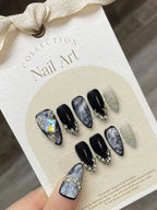 Handmade Press on Nails Black Cool European Fake Nails with Crystal Design Women Wearable Detachable Glitter Almond False Nails