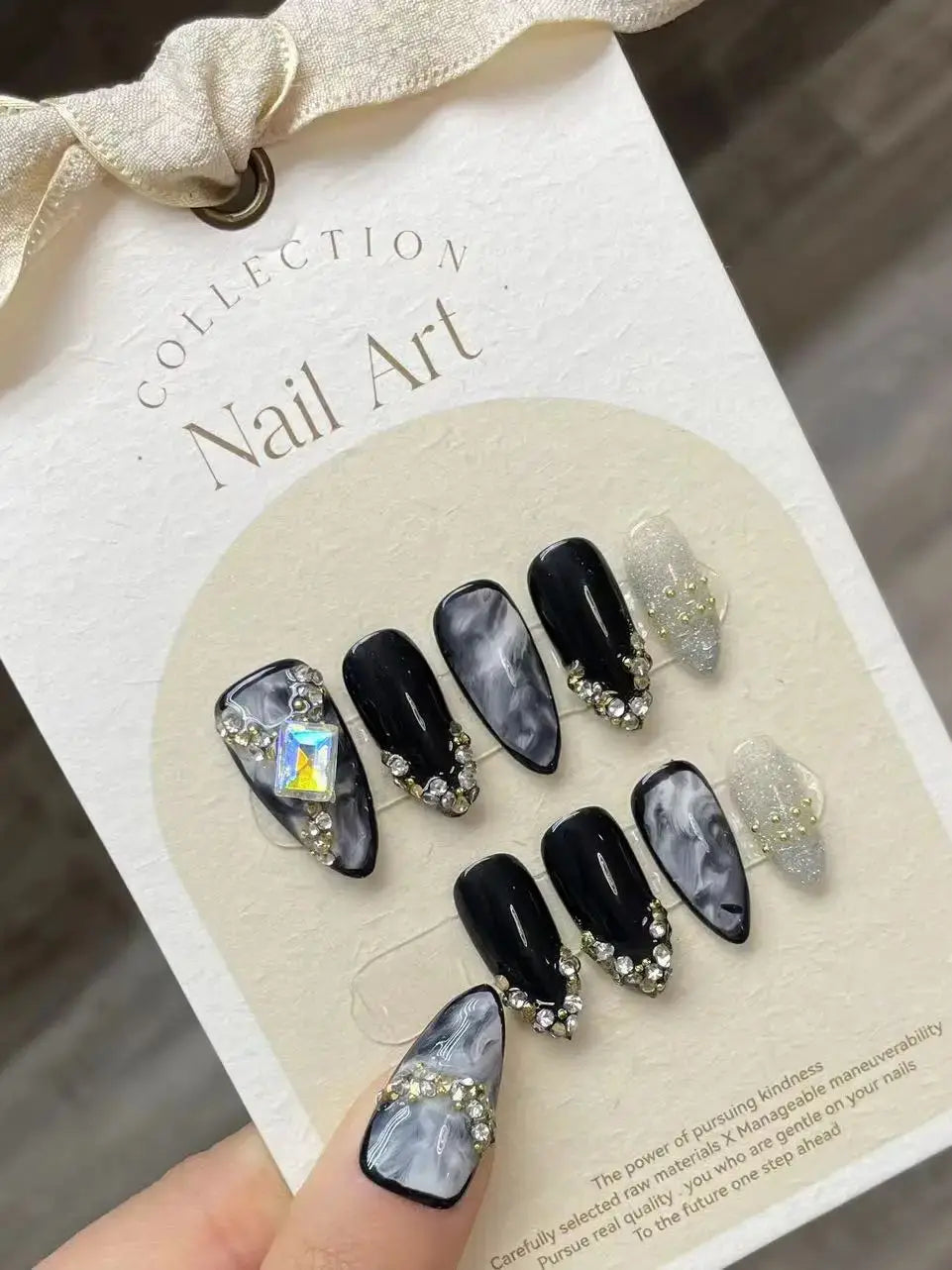 Handmade Press on Nails Black Cool European Fake Nails with Crystal Design Women Wearable Detachable Glitter Almond False Nails