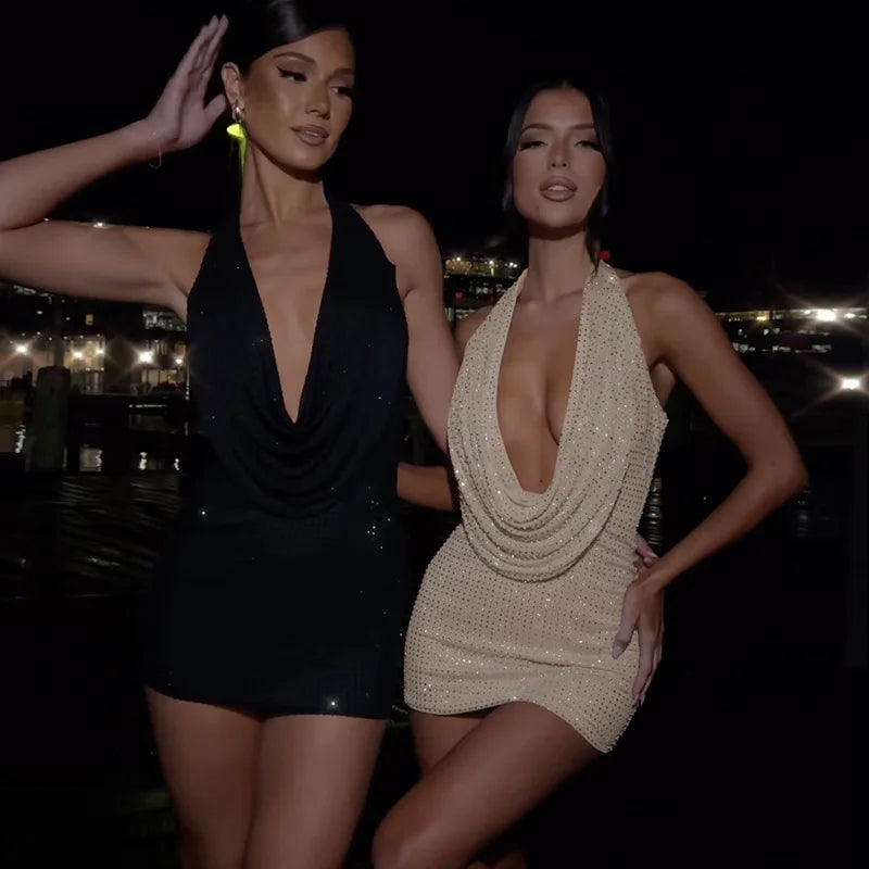 2025 New Diamond Pasted Solid Color Mini Dress Women Fashion Deep V-neck Strapless Dresses Female Trend Streetwear Clothing