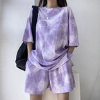 2Piece Suit Women T-Shirt Shorts Set Tie Dye Loose tshirt and wide leg middle shorts with pockets female Casual Soft Summer Sets