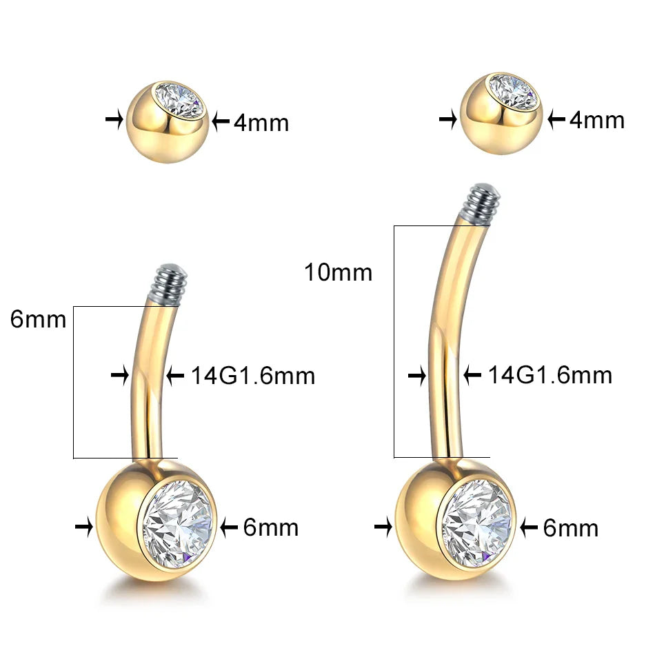 10pcs/lot Titanium CZ Crystal Belly Button Ring Navel Bar Piercing 6/8/10/12mm Belly Nombril Piercing Sexy Jewelry for Women 14G