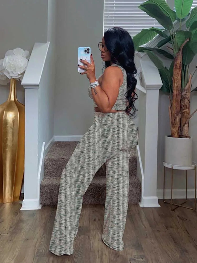 2 Piece Sets Womens Outfits Elegant Stretchy Knitted Summer Suit Sexy Sleeveless Top and Pant Suit Wholesale Dropshipping