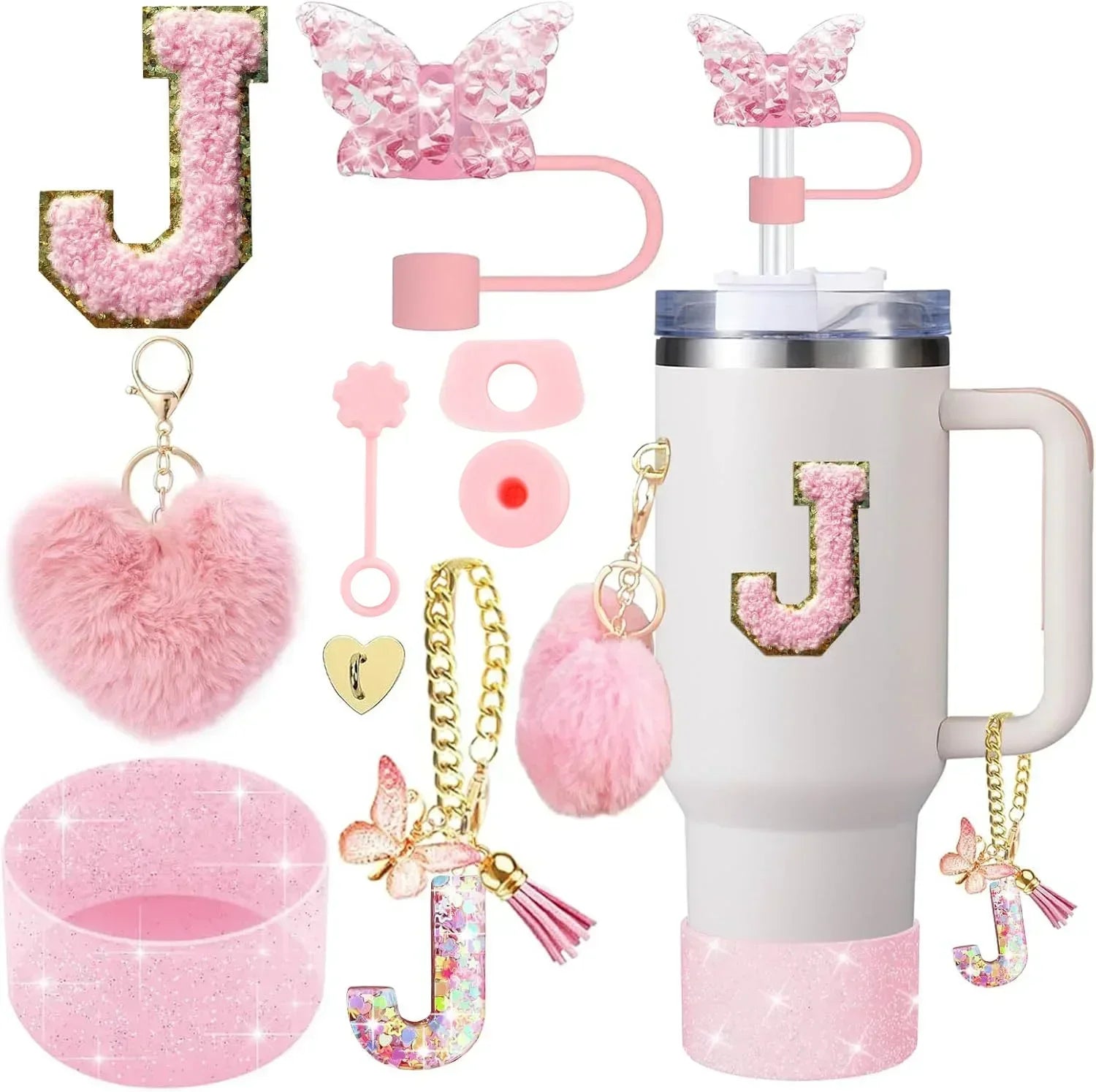 9PCS Accessory Set for Stanley Cup 30oz 40oz Butterfly Straw Cover Cap Silicone Boot Charm Initials Sticker Spill Proof Stopper