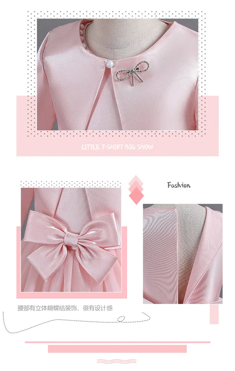 ELBCOS 4-14Y Girls Tie Crew Neck Long Sleeves Solid Color Fold Skirt Cardigan Coat Waist Bow Costumes Princess Party Dress Suit