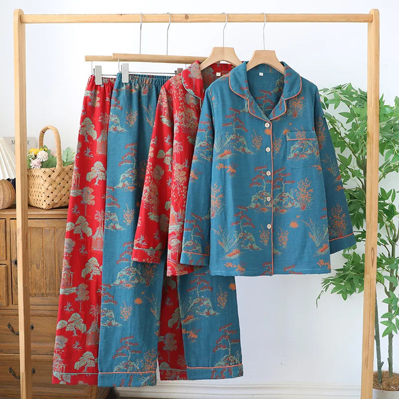 2025 New Spring and Autumn Women's Pajama Set 100% Cotton Retro Color Woven Home Clothes Long Sleeve Long Pants Two Piece Set