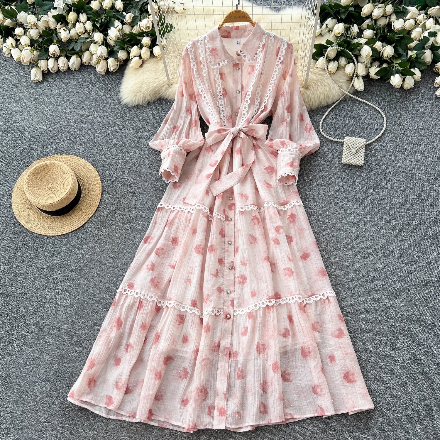 Chic vintage rhinestone lace-up slim Elegant Fairy korean fashion Boho Sundress women clothing Long dress