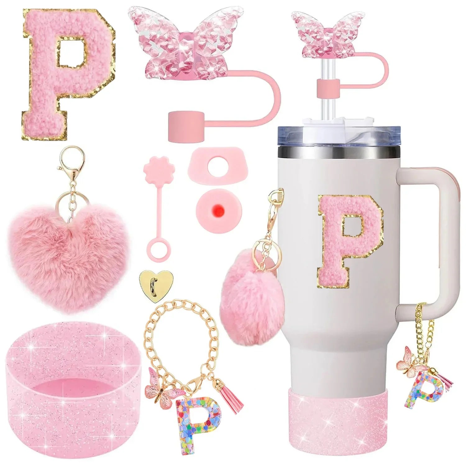 9PCS Accessory Set for Stanley Cup 30oz 40oz Butterfly Straw Cover Cap Silicone Boot Charm Initials Sticker Spill Proof Stopper
