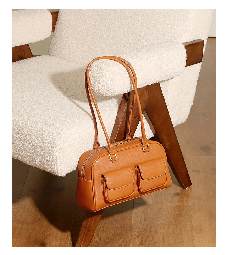 Burminsa Cowhide Genuine Leather Underarm Shoulder Bags For Women 2025 Luxury Designer Korean Bowling Tote Work Ladies Handbags