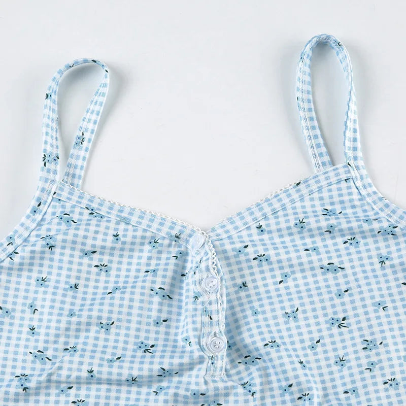 Combhasaki Women Summer Y2K 2Piece Pajamas Loungewear Set Plaid Floral Print Button Camisole Crop Tops +Elastic Low Waist Shorts