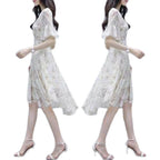 Ele Summer  Women's Midi Dr ang Hai Sle Sweet Princ round Ne ort Sve A-Line Skirt Printed Chiffon Dr