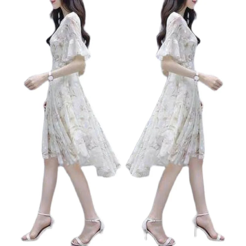 Ele Summer  Women's Midi Dr ang Hai Sle Sweet Princ round Ne ort Sve A-Line Skirt Printed Chiffon Dr