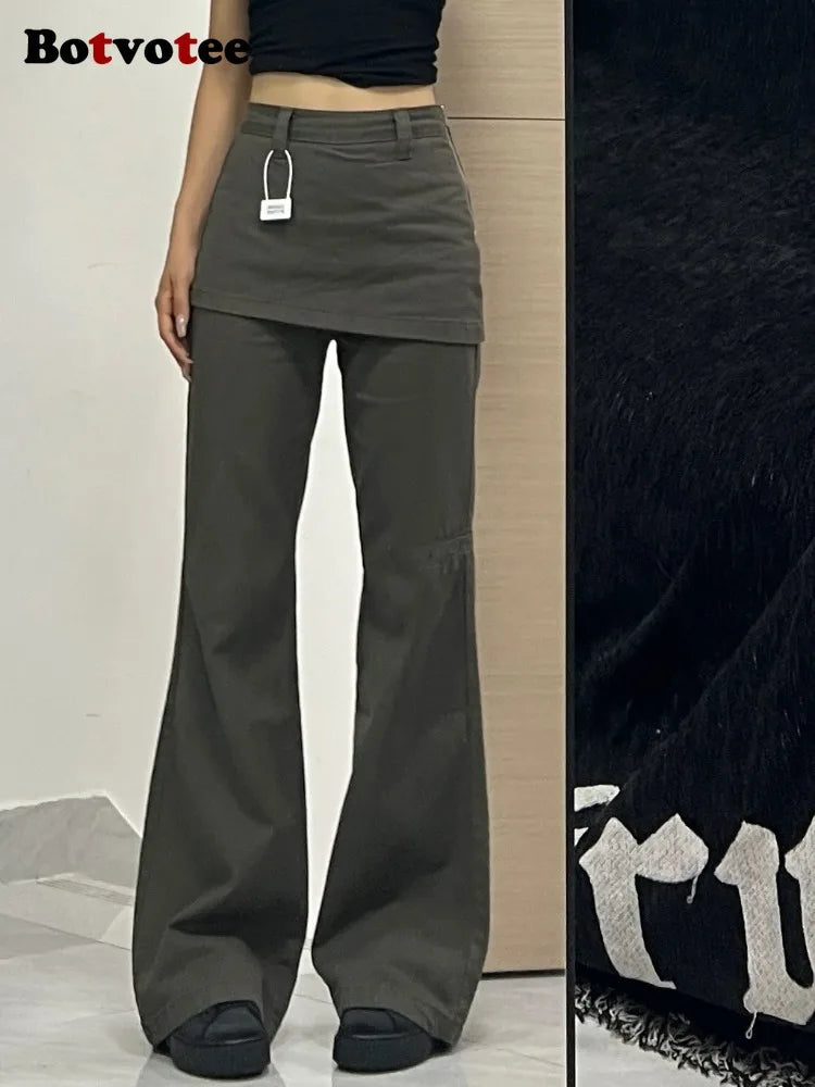 Botvotee Fake Two-Piece Plus size Wide Leg Jeans for Women 2025 New Y2k Fashion Streetwear High Waisted Flare Denim Pants