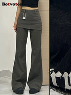 Botvotee Fake Two-Piece Plus size Wide Leg Jeans for Women 2025 New Y2k Fashion Streetwear High Waisted Flare Denim Pants