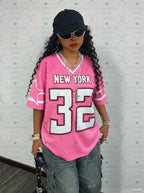 2025 Women Baseball Jerseys NEW YORK 32 Print V-Neck Short Sleeve T-Shirt Summer Tee Stripe Oversized Sport T-Shirt