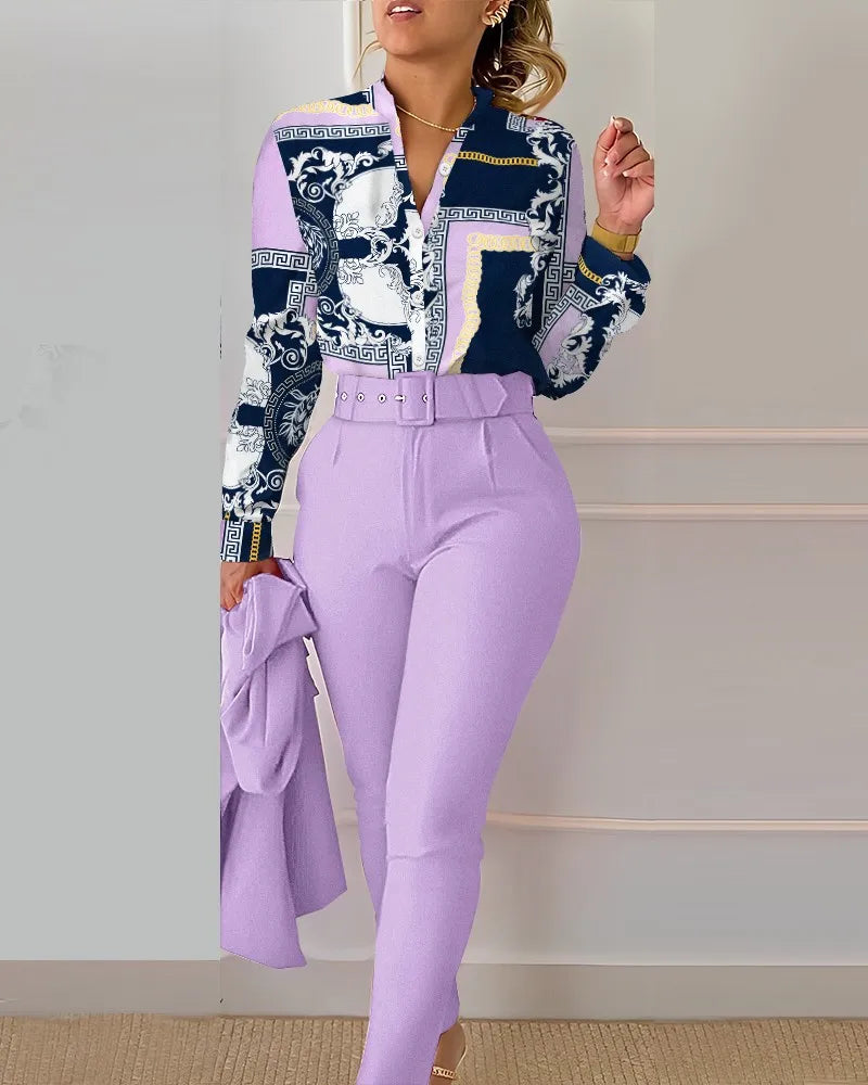 Autumn Winter Stand Neck Floral Print Long Sleeve Shirt Pants Two Piece Sets Elegant Women Casual Shirt Trousers Suits With Belt