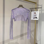 2023 new sexy bright diamond short top Slim thin Ms. hot drill long-sleeved T-shirt sexy leak waist nightclub