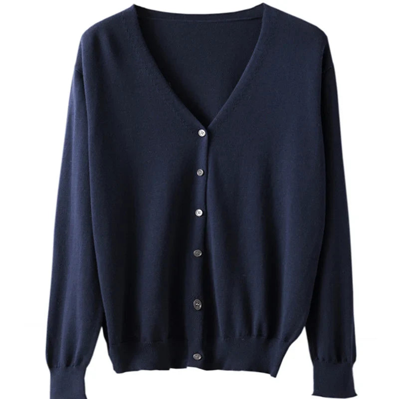 100% Cotton Line Long Sleeve V-Neck Knitted Cardigan Women Loose Short Solid Color Simple Sun Protection SMY K61