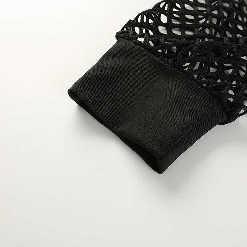 CIBBAR Street Style Fishnet Holes T Shirt See Through Hollow Out Hooded Full Sleeve Crop Top Women Casual Loose Shirt Smock Fall