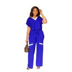 Elegant Women's Casual Short Sleeve T-shirt Sports Suit Summer Fashion Solid V Neck Short Top & Straight Pants Two Piece Sets