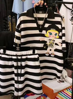 Casual Sports Striped Oversized Women's Clothing Summer Loose Turn-down Collar Pullovers Short Sets Elastic Waist Wide Leg Pants