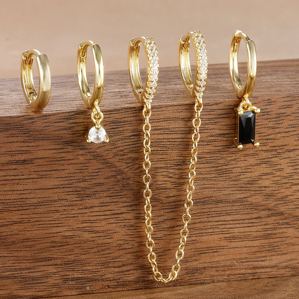 4PCS Exquisite Stainless Steel Long Chain Pendant Earrings Set for Woman Little Huggies Hoop Earrings Cartilage Piercing Jewelry