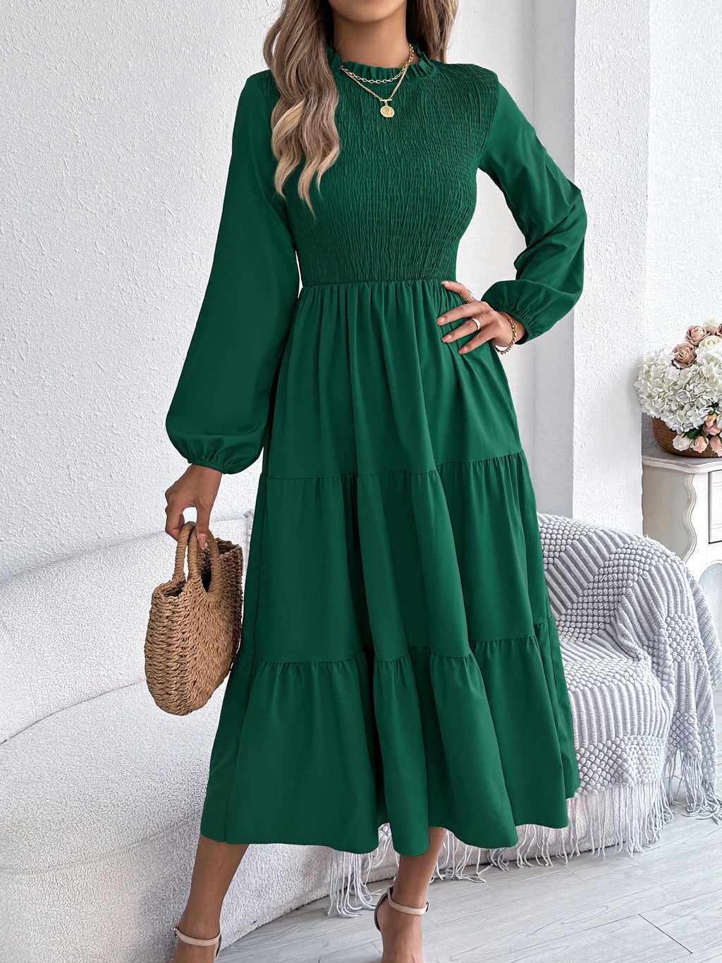 Autumn Winter Elegant Dresses for Woman Solid Color Round Neck Long Sleeve Ruffled Dresses Khaki Green Red