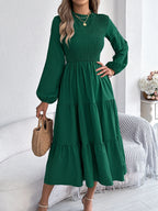 Autumn Winter Elegant Dresses for Woman Solid Color Round Neck Long Sleeve Ruffled Dresses Khaki Green Red