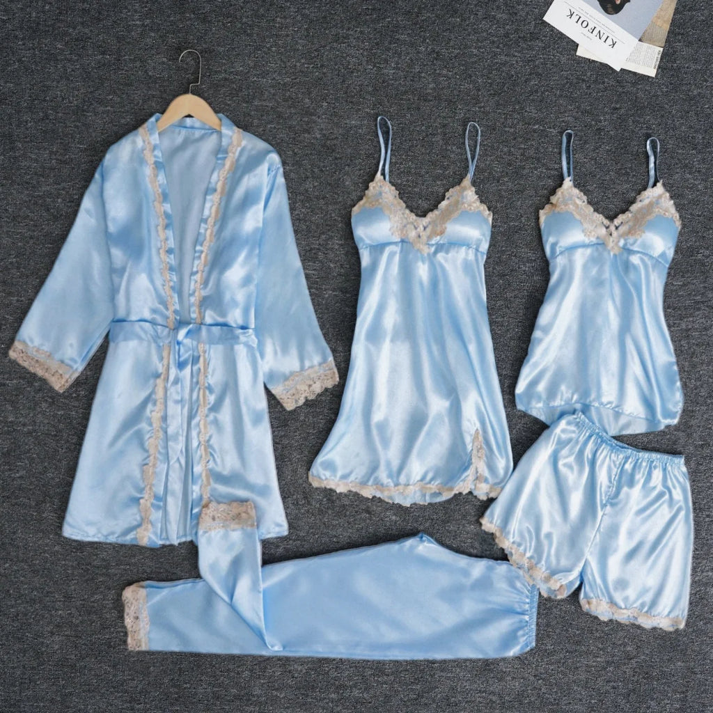 2025New Luxury Satin Pajama Set 5 Pcs Women's Silky Sleepwear Lace Trim Robe Nightgown Cami Shorts Pants Elegant Loungewear Hot
