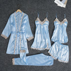 2025New Luxury Satin Pajama Set 5 Pcs Women's Silky Sleepwear Lace Trim Robe Nightgown Cami Shorts Pants Elegant Loungewear Hot