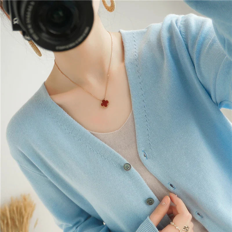 100% Cotton Line Long Sleeve V-Neck Knitted Cardigan Women Loose Short Solid Color Simple Sun Protection SMY K61