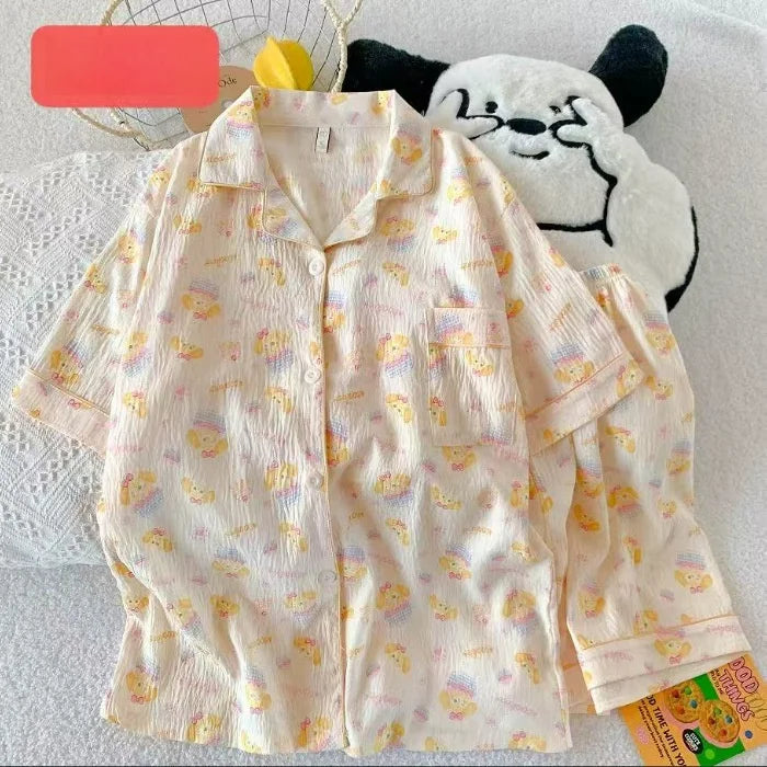 Cute Pink Cloud Cotton Spwear Bear Print Home Clothes Long Sve ort Sve Women's Comfortable Home Suit Summer Thin