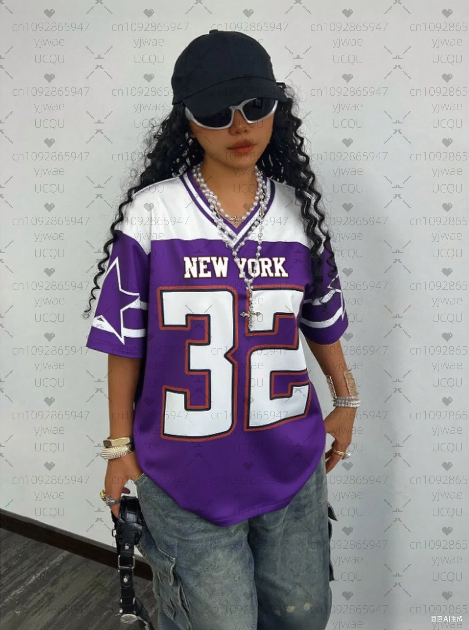 2025 Women Baseball Jerseys NEW YORK 32 Print V-Neck Short Sleeve T-Shirt Summer Tee Stripe Oversized Sport T-Shirt