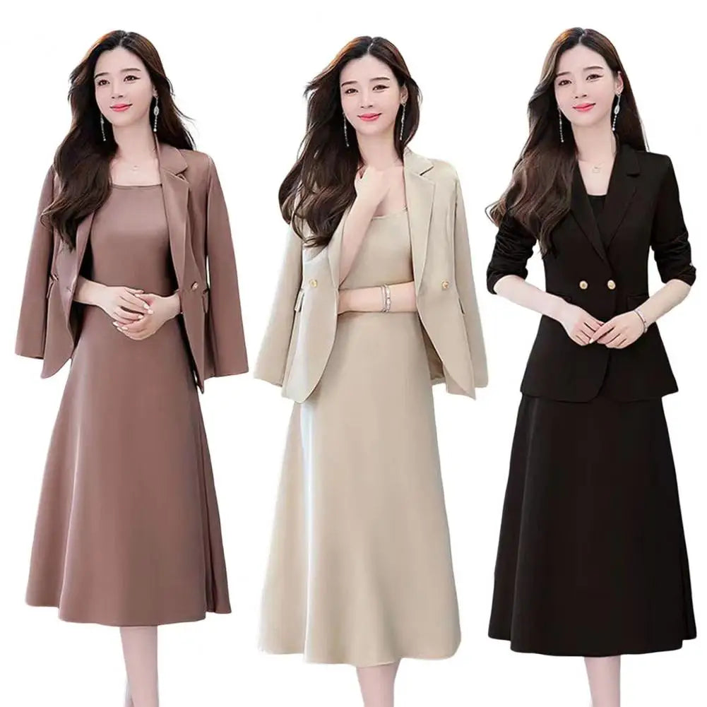 2Pcs/Set Summer Women Suit Dress Outfit  Solid Color Mid-length Lady Dress Sets Light Luxury Commute Sling Dress Coat Set