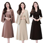 2Pcs/Set Summer Women Suit Dress Outfit  Solid Color Mid-length Lady Dress Sets Light Luxury Commute Sling Dress Coat Set