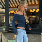 Candyhot Solid Elegant Off Shoulder Ribbed Crop Tops Autumn Fashion Casual Skinny Long Sleeve Camis Gentle Y2K Tight T-shirts