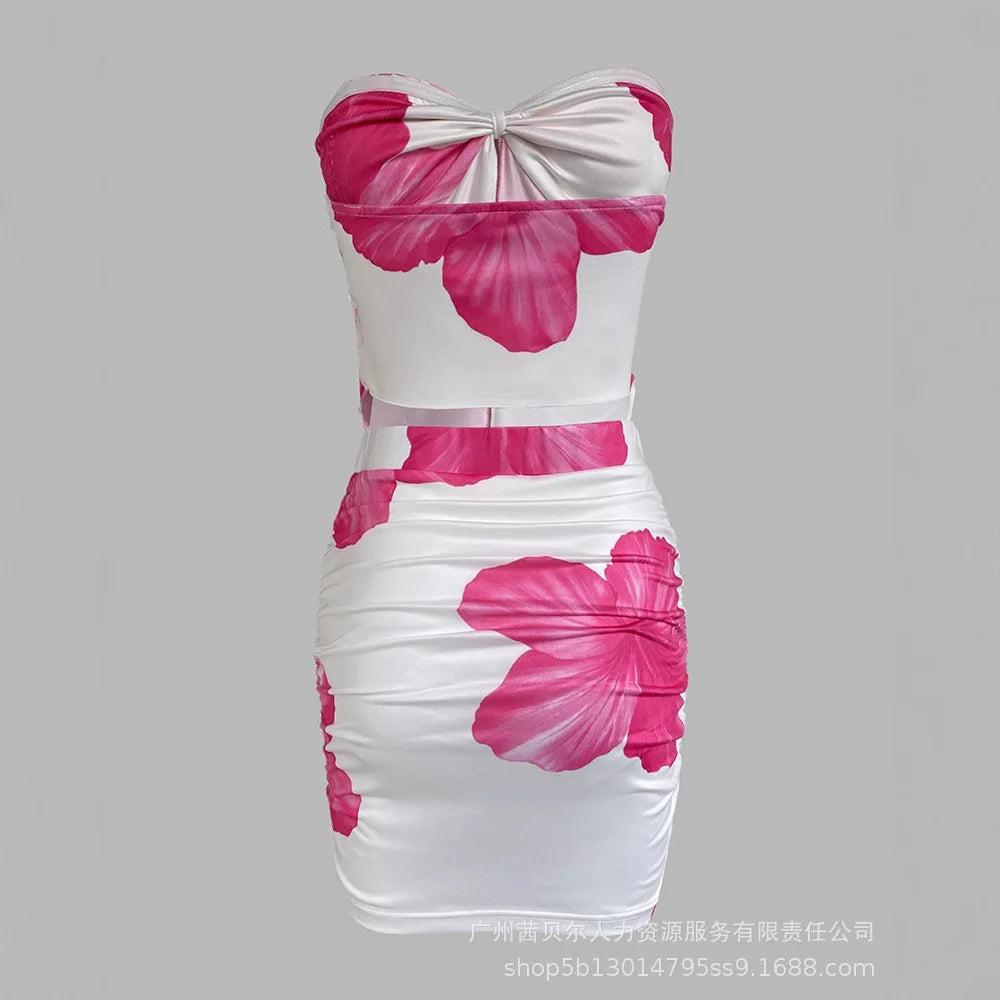 2 Piece Set Women's Floral Print Split Strapless Sleeveless Top & Mini Shorts Pants Set Summer Sexy