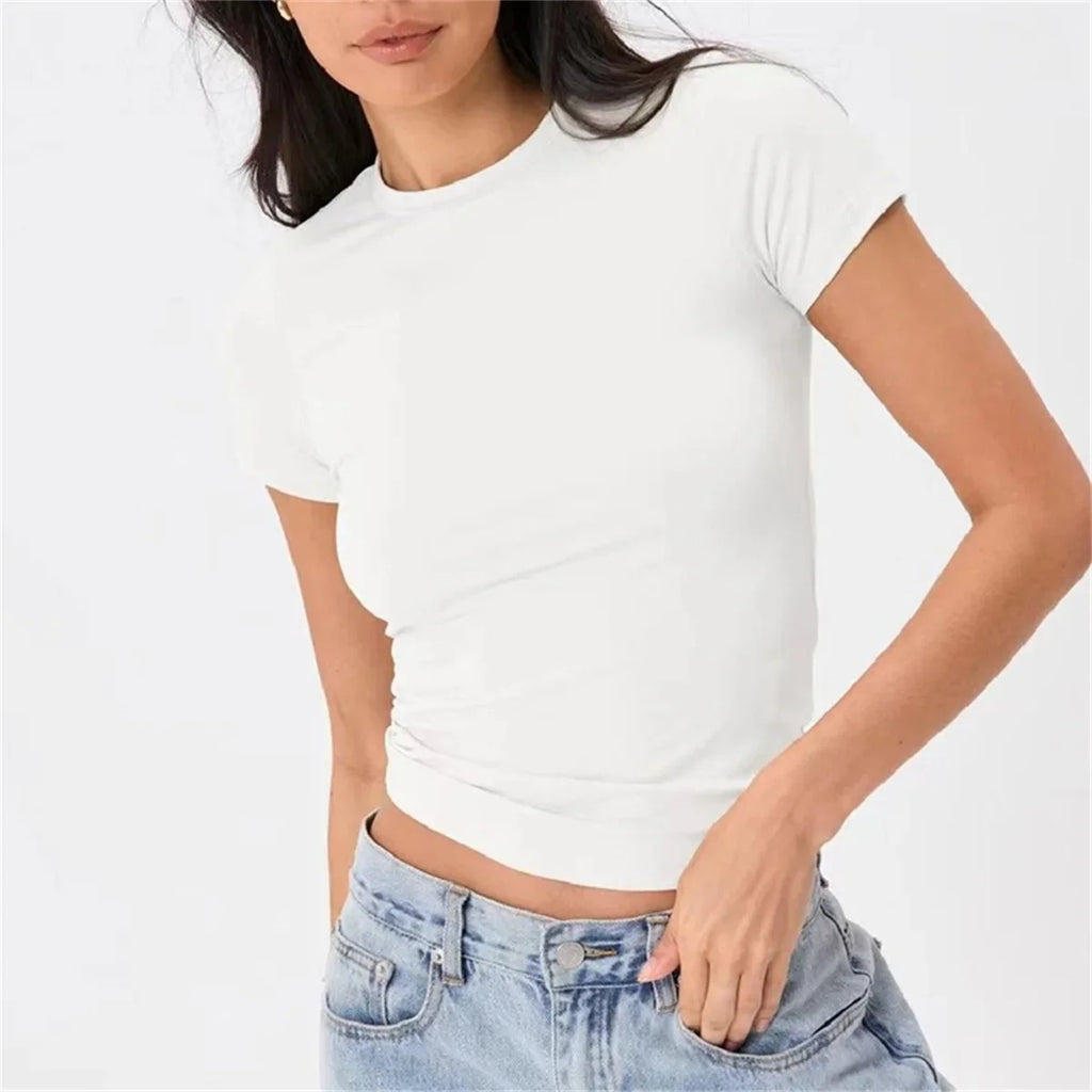 2025 Spring New Short Sleeve T-Shirt Women Solid Simple Casual Soft All-Match Hot Basic Crop Tops Tees Summer Fashion Slim Fit T