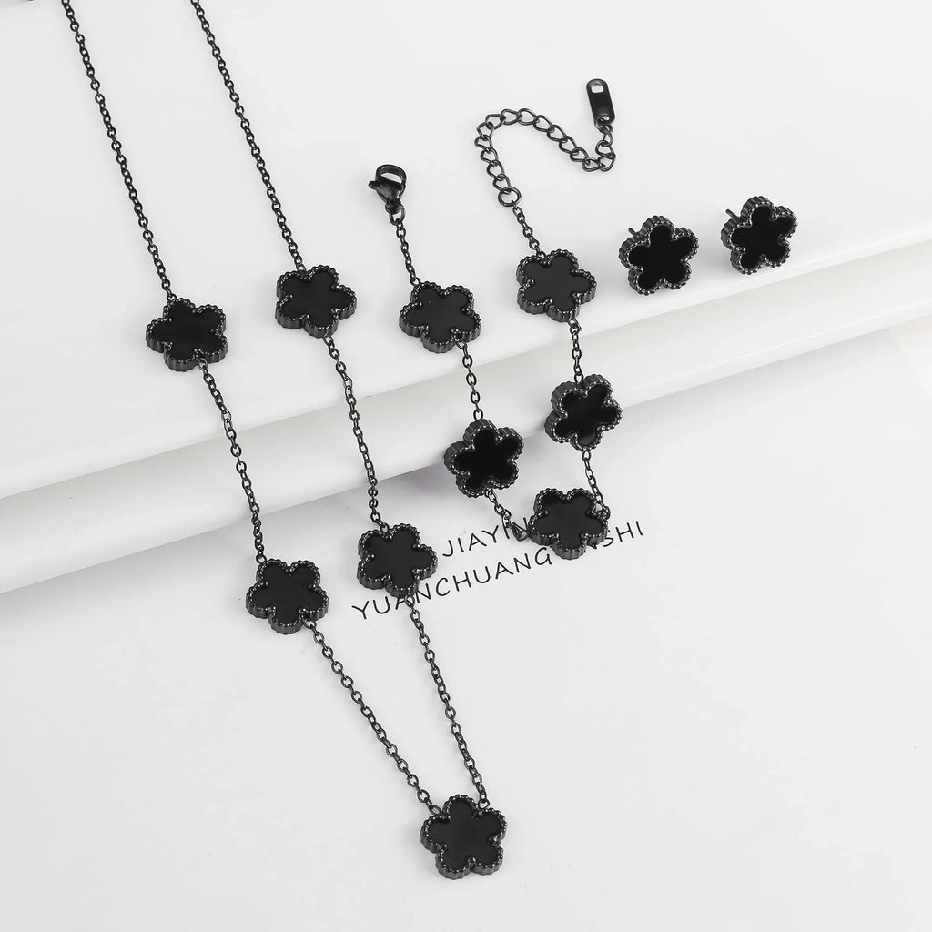 3Pcs Stainless Steel Hot Selling Gold Plated Clover Necklace Earrings Bracelet Jewelry Set Five Leaf Flower Jewelry For Women