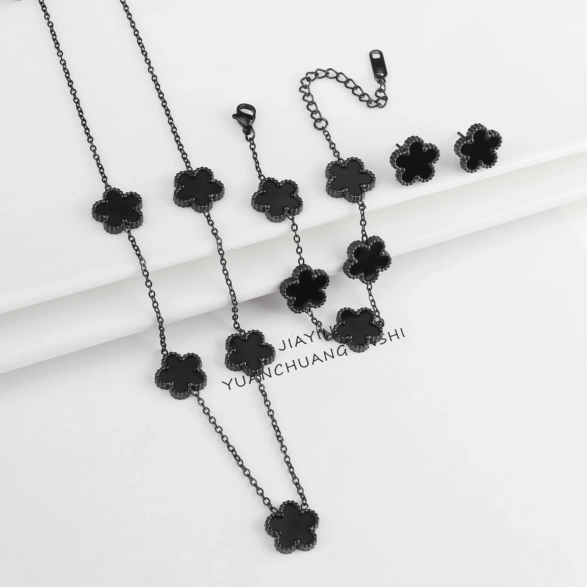 3Pcs Stainless Steel Hot Selling Gold Plated Clover Necklace Earrings Bracelet Jewelry Set Five Leaf Flower Jewelry For Women