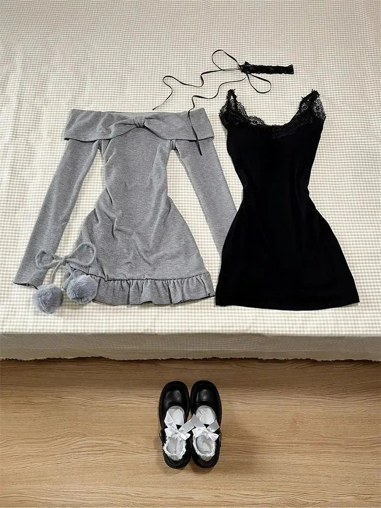 2024 High Street Two Piece Set Gray Slash Neck Long Sleeve Spliced Plested Dresses Y2k Aesthetic Vintage Lace Design Sling Dress