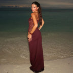 Elegant Lace Cut Out Maxi Dresses for Women 2025 Sexy Spaghetti Strap Patchwork Holidays Party Dress Summer Backless Long Dress