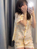 Cute Girl's Summer Cotton Linen ort Sve Nightgown Home Clothes Set Bear Print Gauze Spwear Simple Home Sle