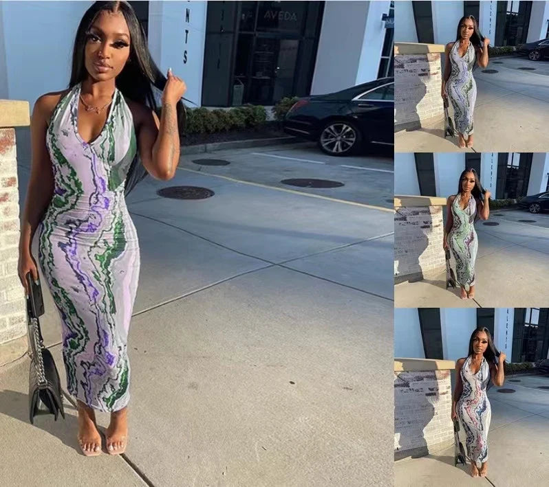 2024 AliExpress European and American cross-border summer fashion print halterneck mid-waist temperament hip wrapping dress
