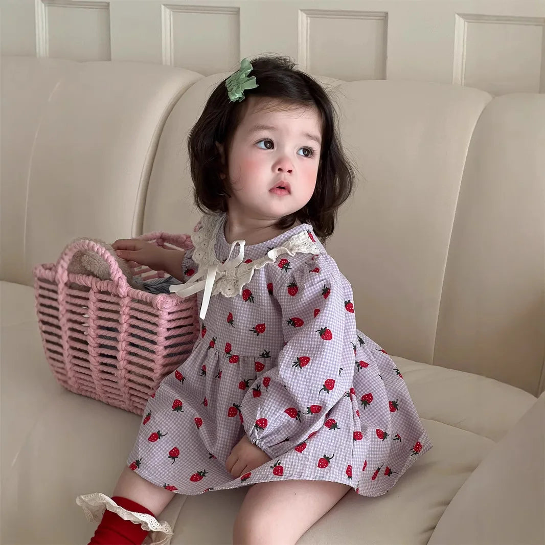 2025 Spring New Baby Girl Long Sleeve Dress Cute Strawberry Print Newborn Toddler Princess Bodysuit Dress Kids Girls Lace Dress