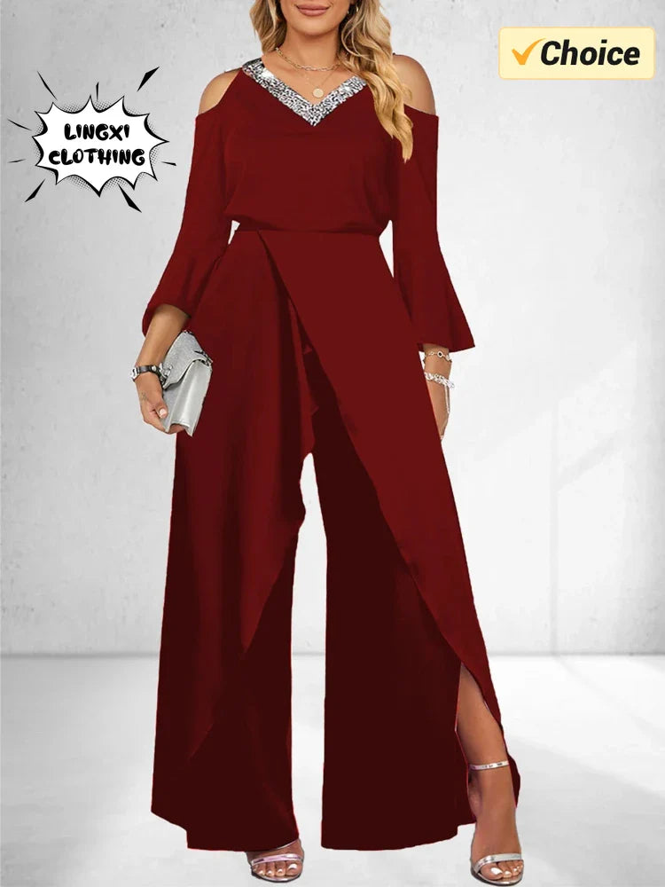 2024 Women's New Split Sequin Solid V-neck Basic Business Elegance Wide Leg Loose Sleeve Flare Sleeve Jumpsuit  Bodysuit