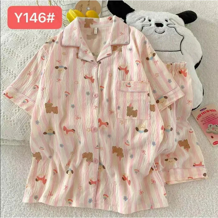 Cute Pink Cloud Cotton Spwear Bear Print Home Clothes Long Sve ort Sve Women's Comfortable Home Suit Summer Thin