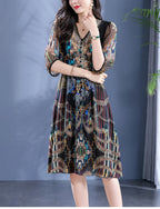 2025 Summer Bohemian Dresses For Women Elegant V-neck High Waist Women's Print Black Dress A-line 100% Real Silk Long Midi Dress